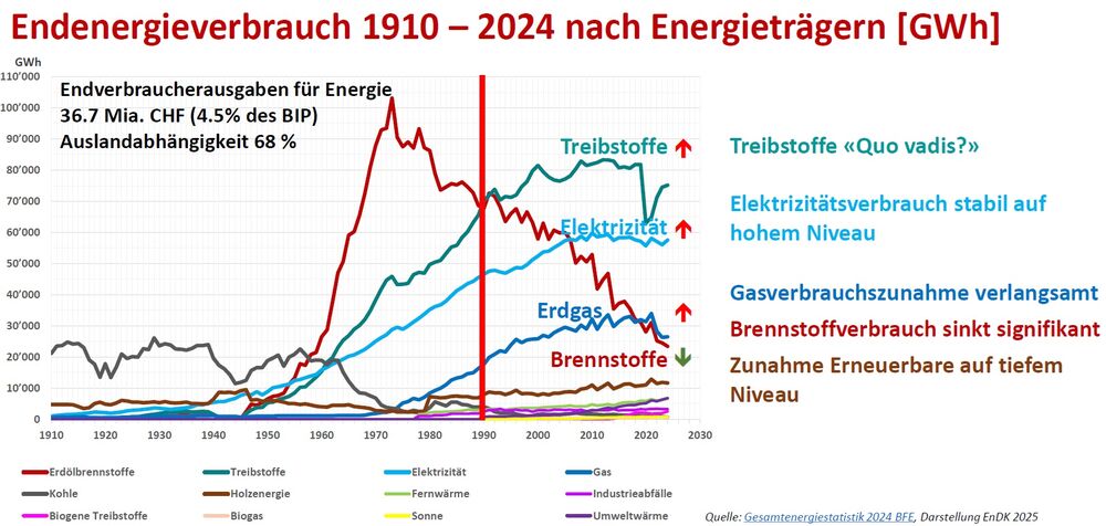 Endenergieverbrauch Schweiz 1910 bis 2024.  